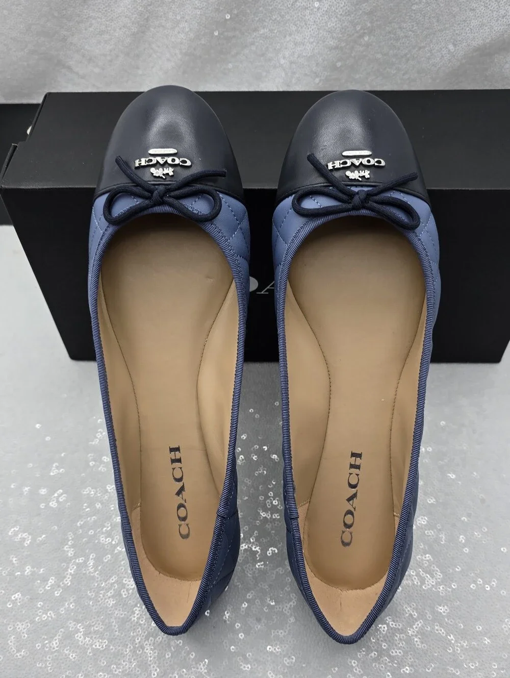 Coach Allyson Quilted Two-Tone Blue Leather Ballet Flats Slip-On Women's 10
